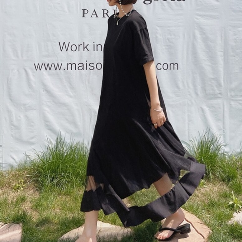 大きいサイズ 異素材コンビ ワンピース レース切替 ワンピース ワンピース ワンピース ミモレ マキ