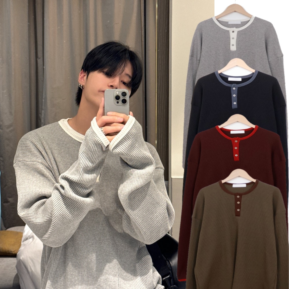 SECOND ALLEY/ATEEZ ウヨン 着用/ワッフル ヘンリーネック ハンドウォーマー ロングスリーブ/ユニセックス