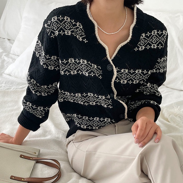 [韓国ファッション] 여성용 스카시 물결배색 패턴 니트 가디건