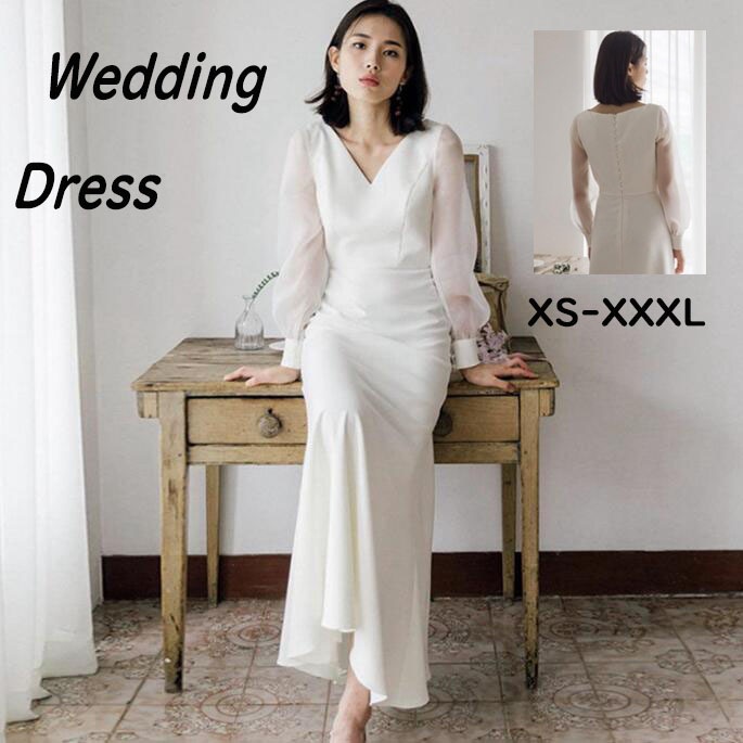 【超人気商品】ウェディングドレス お花嫁ドレス シースルー 長袖 スレンダー 白 シンプル ロング 高級感 前撮り/後撮り 結婚式 挙式 ファスナー パーティードレス ブライダル 礼服 お洒落 披露宴