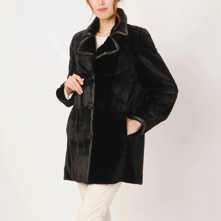 【訳あり】SAGAミンクシェアード加工レザーステッチトリミングレディース