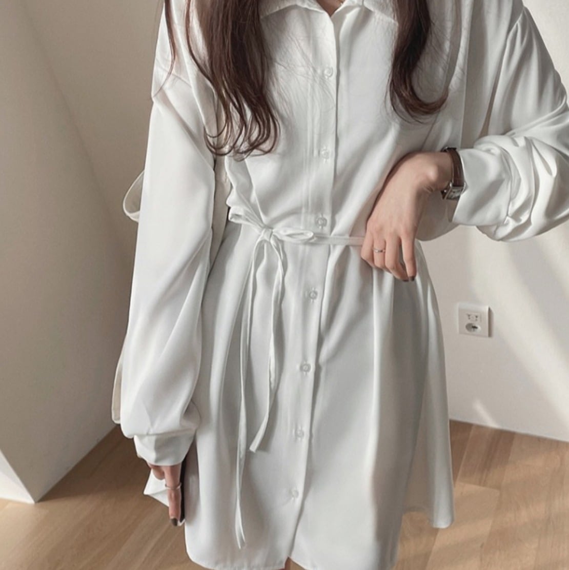 ワンピース デート かわいい 大人可愛い きれいめ シンプル カジュアル 大人 上品 おしゃれ Vネック 襟付き 長袖 ミニ丈 フレア ウエストマーク リボン　無地 春夏 韓国 モテ シフォン XL