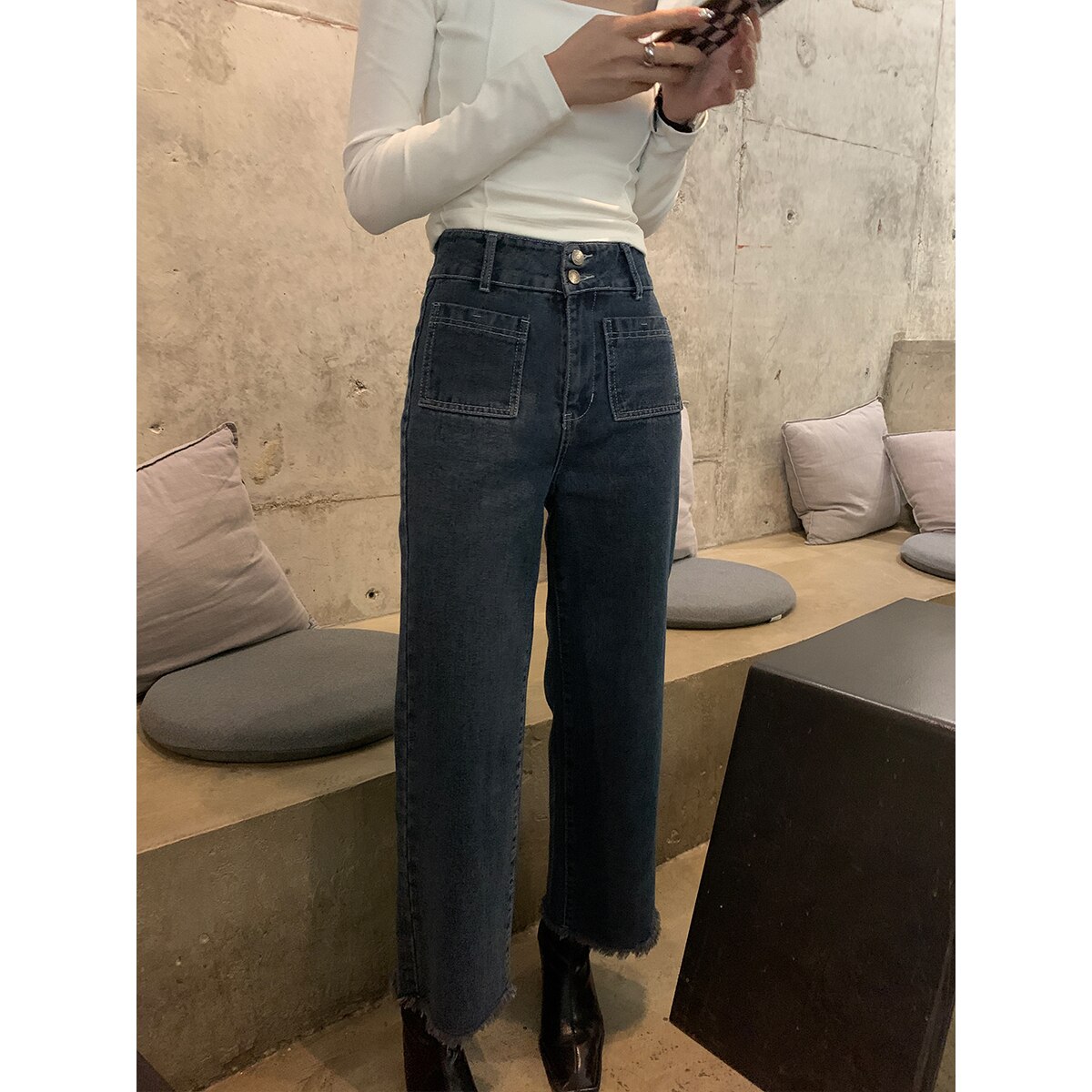 パンツ デニム レディース Gパン ストレート ロング ポケット ファスナー 切りっぱなし フリンジ かっこいい カジュアル こなれ感 無地 オールシーズン お出かけ 着回し ブルー ボトムス