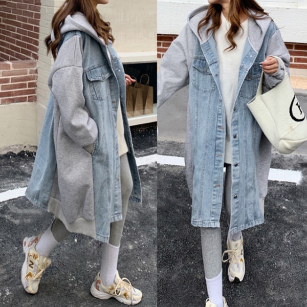 ルーズフィット フード 女性 デニム 配色 ロング ミリタリー カジュアル ジャンパー