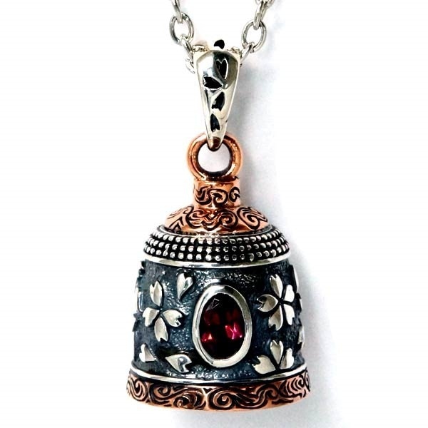 シルバー925 ペンダント 和柄 和風 天然石 ガーネット ベル 鐘 桜 花 チェリー 流水 雲