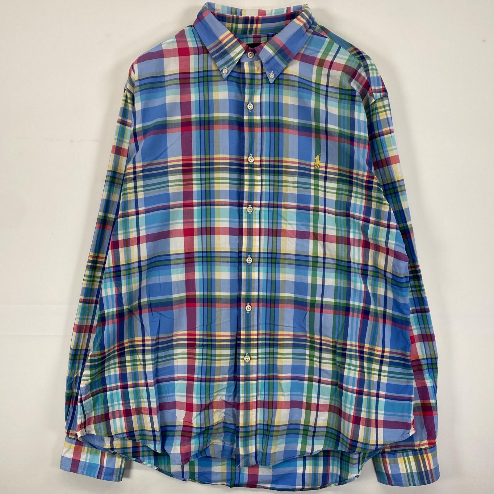 古着 長袖シャツ ボタンダウン ロゴ刺繍 ワンポイントロゴ XL ブルー系 チェック メンズ