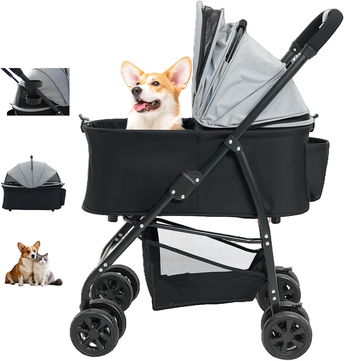 小型・中型犬および猫用ペットカート取り外し可能な4輪PU耐摩耗性ホイール360度回転後輪ブレーキ付きワンボタン開閉・折りたたみ可能で収納簡単カップホルダーフック付き最大積載20kgの軽量設