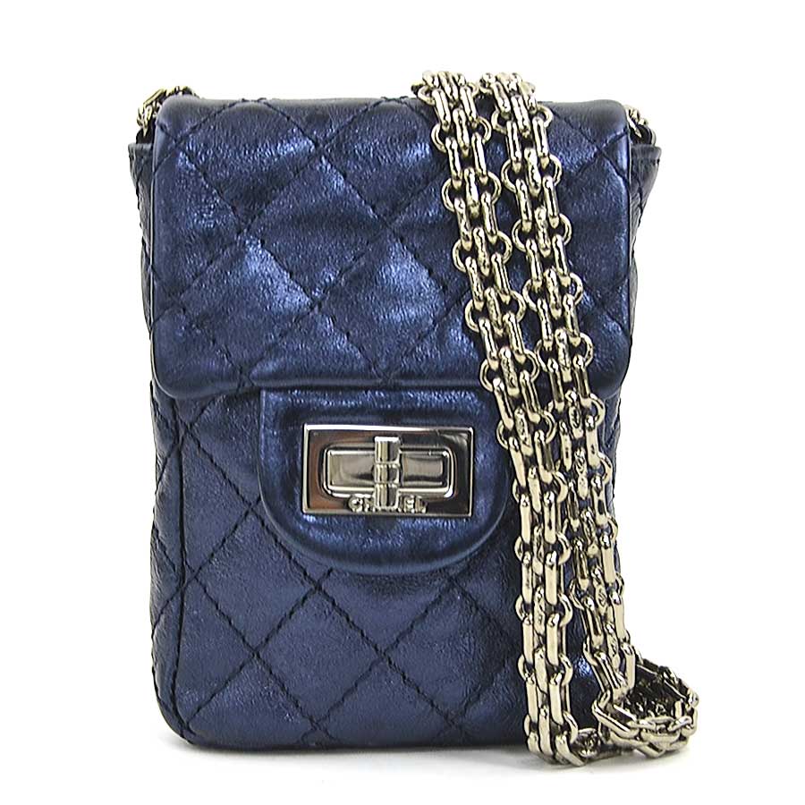 シャネル CHANEL ショルダーバッグ ミニポーチ 2.55 レザー メタリックネイビー レディース 90212a