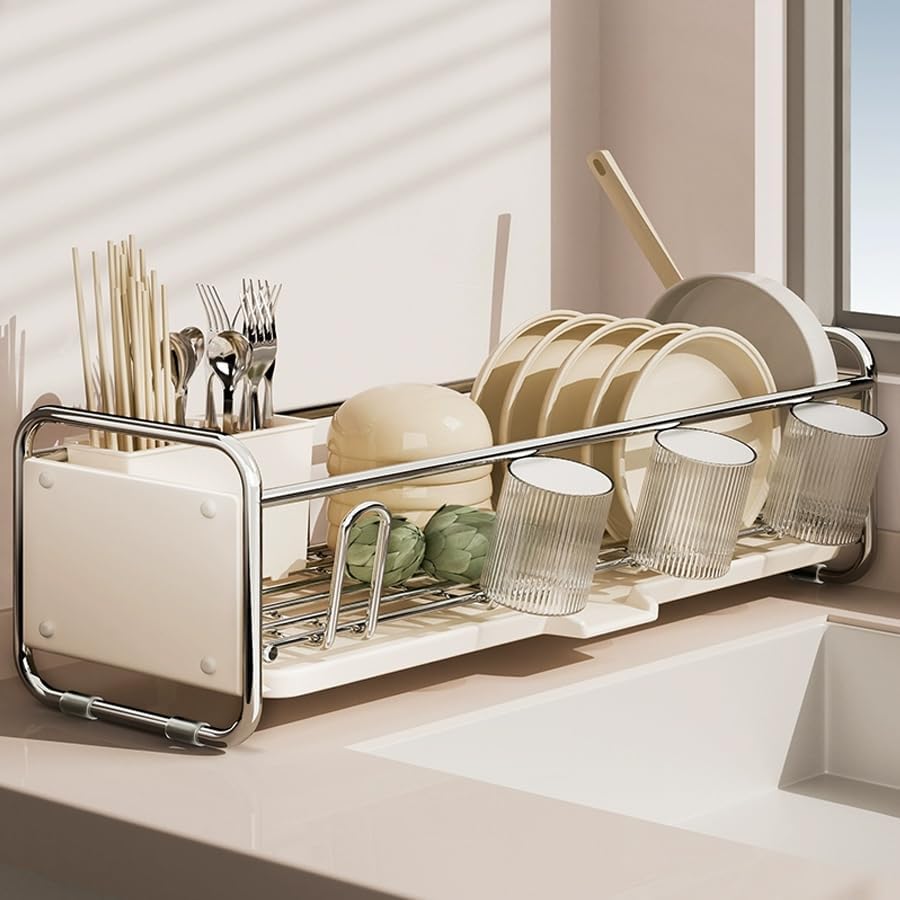 食器水切りラック スリム型 大容量 箸立て付き 省スペース 幅43×奥行17×高17cm クリームホワイト