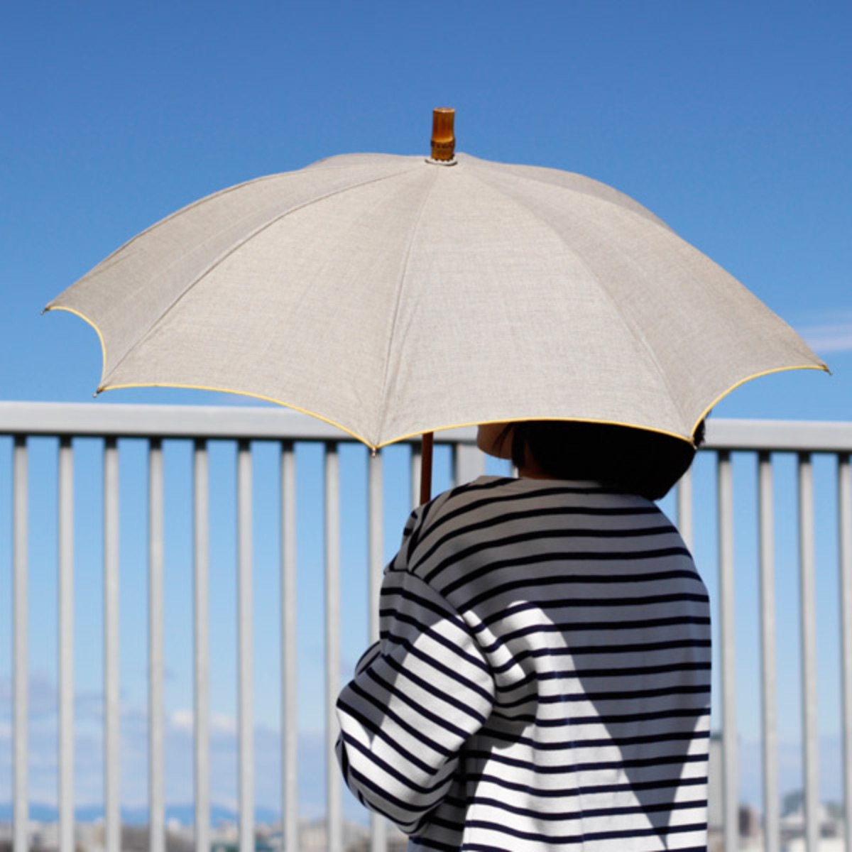 日傘 SURMER 長傘 麻 イエローライン 日本製 sur mer シュルメール 傘 かさ レディース UVカット おしゃれ アンブレラ 紫外線カット 紫外線防止 リネン 天然木