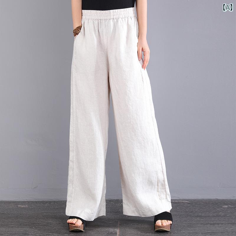 エスニック ボヘミアン レディース 夏 女性 ワイド レッグ パンツ 薄手 ドレープ性 リネン ワイド レッグ パンツ 汎用性 高さ カジュアル ストレート レッグ パンツ スリム見え