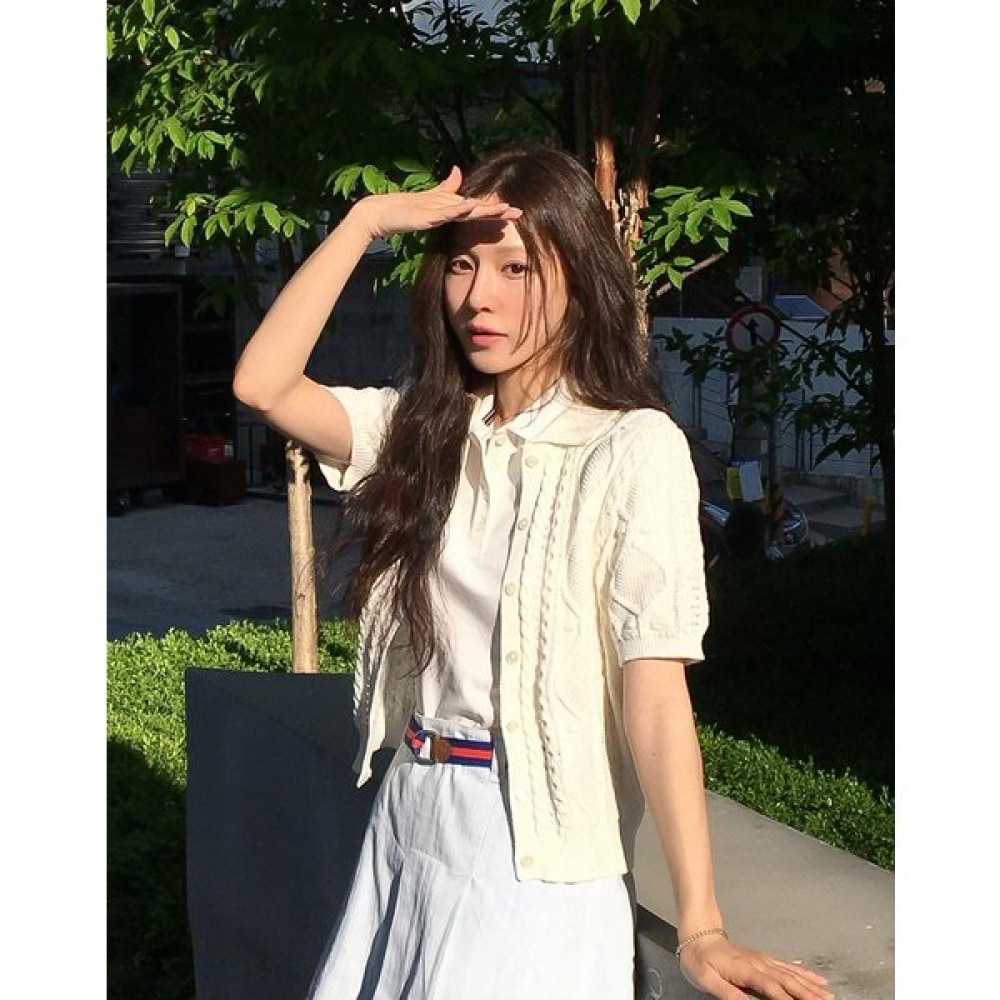 [25SS] かぎ針編みコットンブレンドショートスリーブカーディガンアイボリー HSSW5B302IV