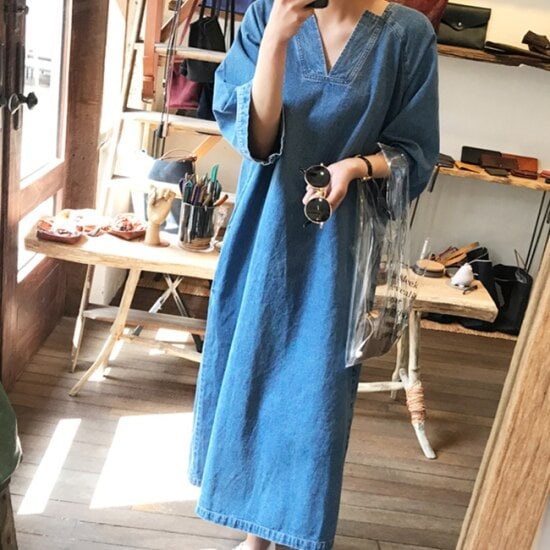 【取寄：納期2週間】ワンピース レディース 大きいサイズ デニムワンピース 夏 コットン ロング丈 Vネック