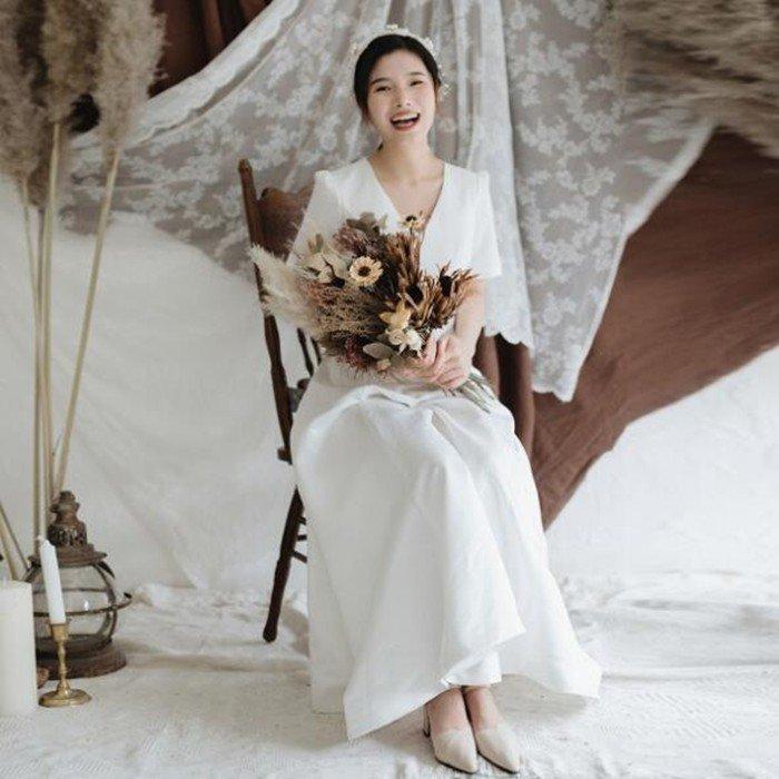 韓国ファッションウェディグドレス 前撮り ワンピース 花嫁 小さいサイズ 結婚式 安い ドレス 大きいサイズ パーティドレス 半袖 二次会 演奏会 発表会 白 ミモレ丈