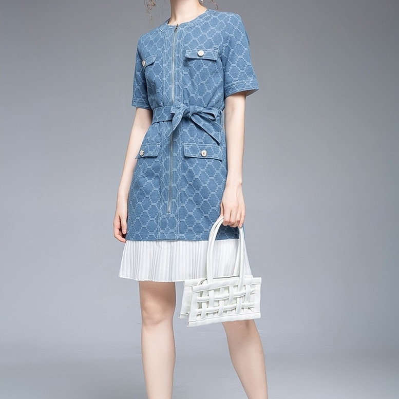 ワンピース レディース デニムワンピース 裾プリーツ 切り替え デニム ドレス ひざ上丈 ショート丈