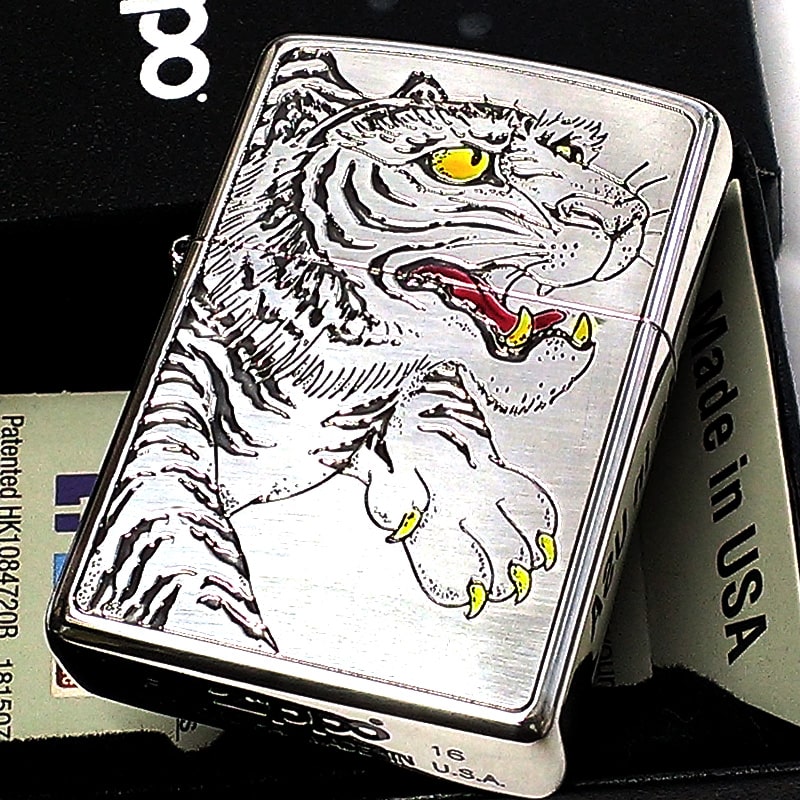 ZIPPO かっこいい ジッポ ライター 和柄 虎 シルバー お守り トラ 銀 エッチング彫刻 エポキシ盛り おしゃれ メンズ 御守り プレゼント ギフト