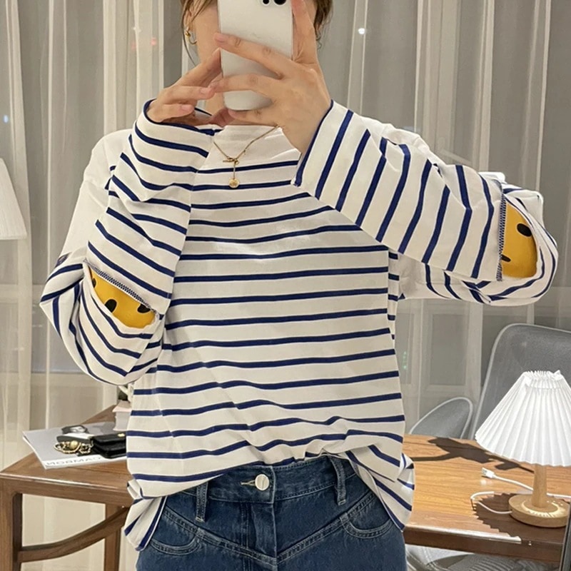 22秋のトレンド新ファッションブルーストライプシャツジャケットレディース万能腕スマイルプリントロングスリーブTシャツ30%までに制限