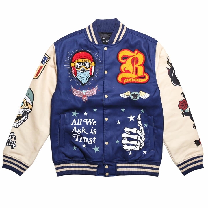 REASON アウター 長袖 スタジャン ブルゾン メンズ 春秋冬用 紺 大きいサイズ リーズン 防寒着 トランプ スペード ボタン 前ボタン ビッグシルエット