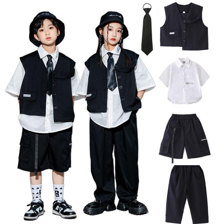 キッズ 男の子・女の子 4 点セット ヒップホップ 韓国 ダンス衣装 セットアップ ファッション性高く シャツ・ベスト・パンツ・ネクタイ付き K-PP スタイル