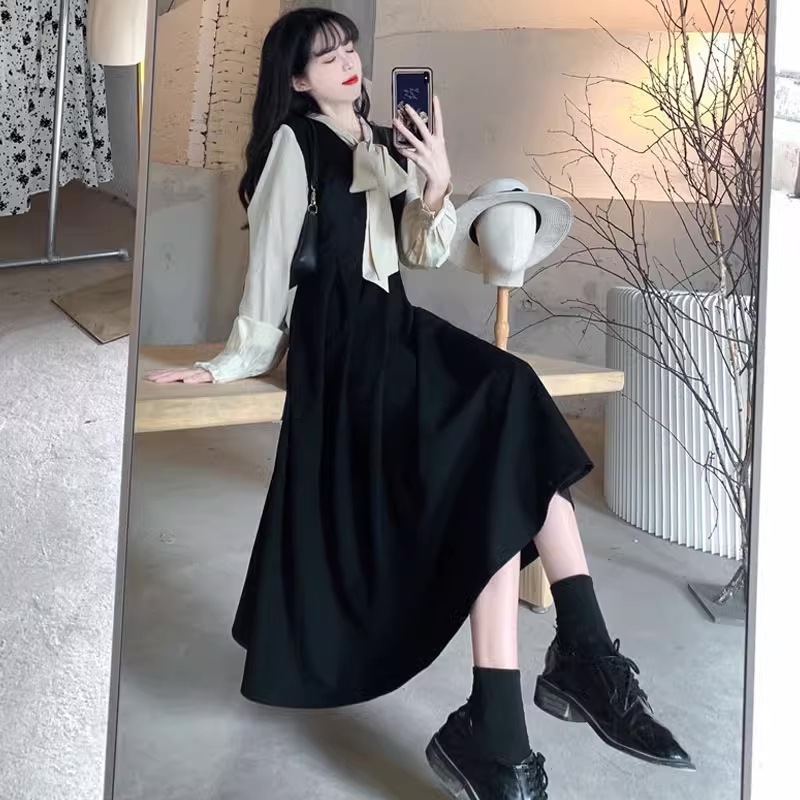 レディース ワンピース キュート 上品 清楚 ミドル丈 ミディアム丈 Aライン シンプル レトロ 大人かわいい ブラック 黒 長袖 20代 30代 40代 通勤 通学 オフィス お出掛け