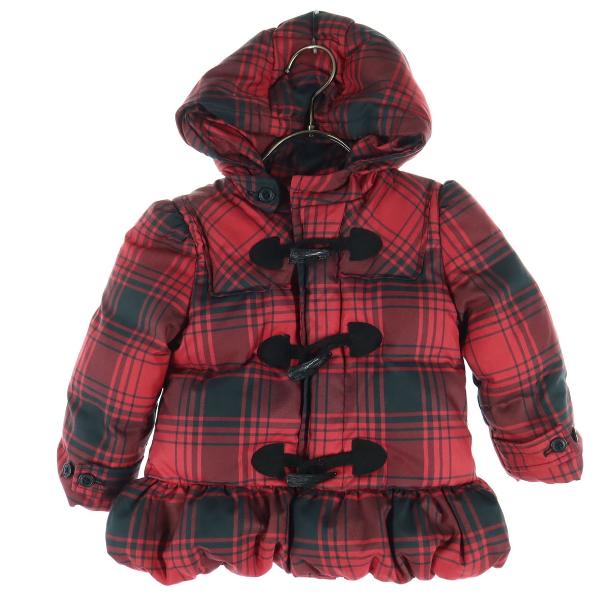 チェック柄 長袖 ダッフルコート 24M レッド キッズ 古着