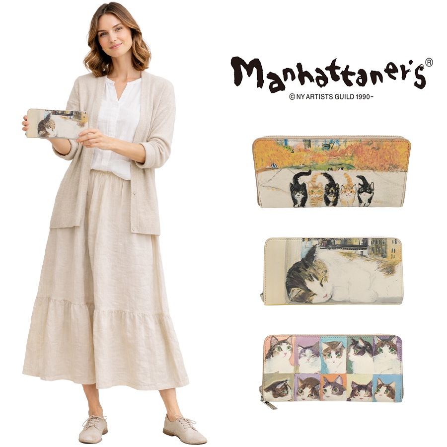 Manhattaner s トップパース 長札入れ ラウンドファスナータイプ 75-1517 猫 猫柄 久下貴史 くげ たかし プレゼント 母の日 敬老の日 猫好き