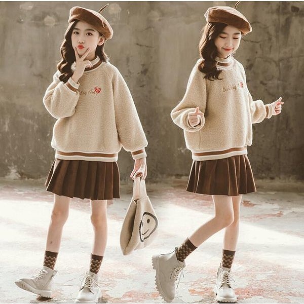 子供服セットアップキッズ女の子長袖春秋上下セットトップスブラウスシャツ無地膝丈スカートジュニア