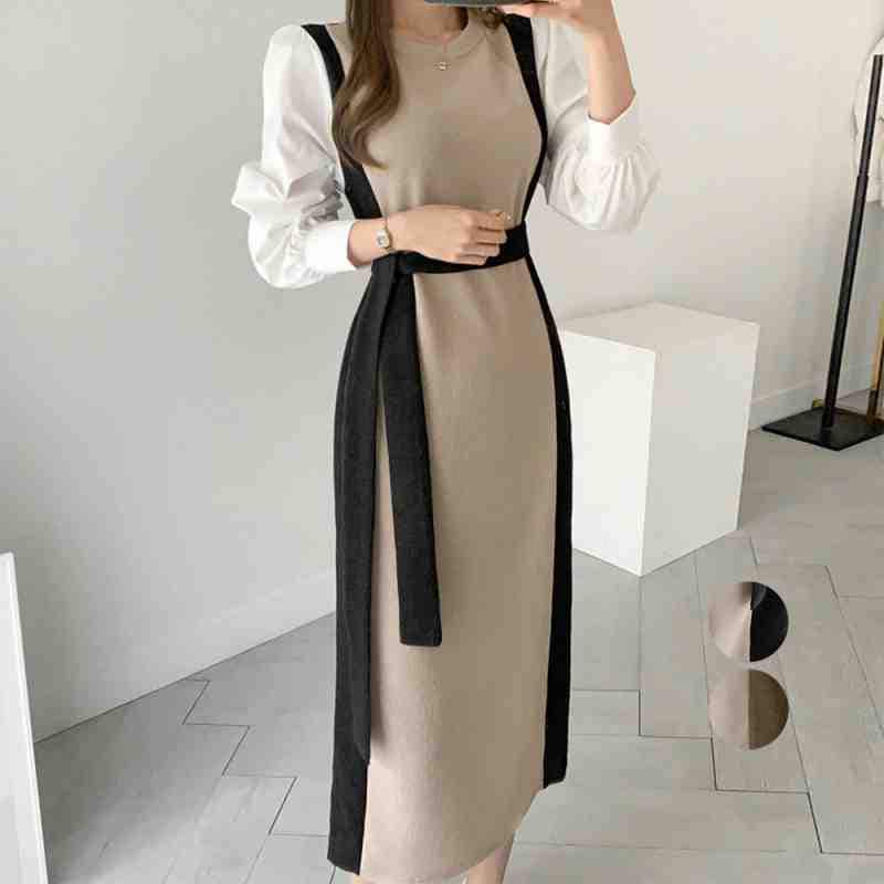 袖切り替え ニットワンピース ロング配色大きいサイズ レディース 秋冬 結婚式 きれいめ タイト フォーマル 大人 上品 チュニック one-piece