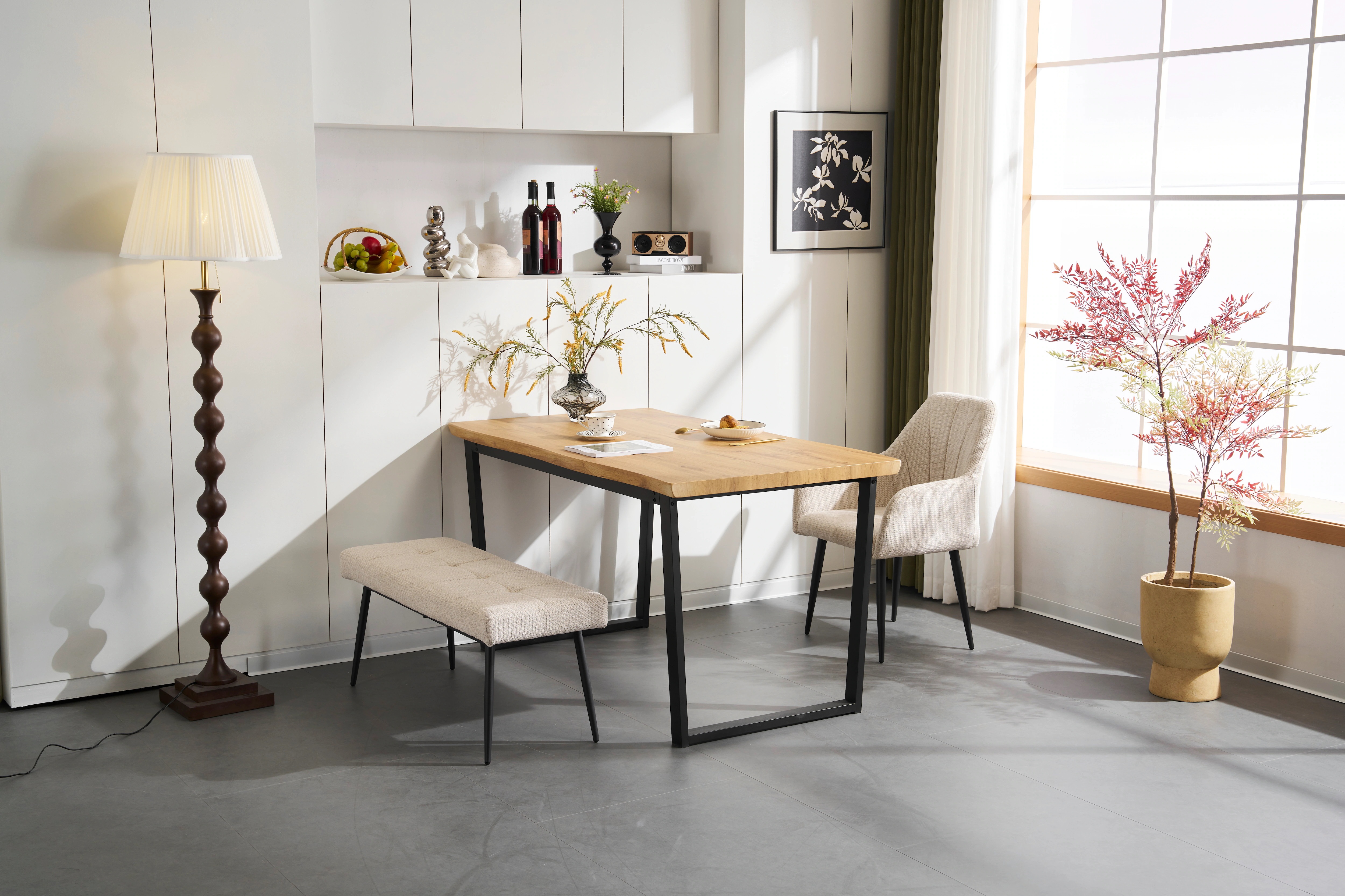 【set品】 ダイニングテーブル 食卓 4人用 2人用 幅140cm おしゃれ 組み立て非常に簡単 ソリッド ハイエンド ヴィンテージ風 モダン 客用 書斎用 シンプル 波の形 椅子2Ｐ ベンチ