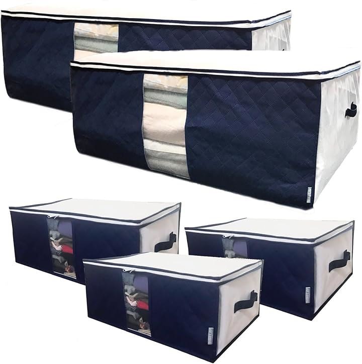 布団収納袋 大容量 収納ケース 2枚 プラス 衣類収納ケース 3枚 計5枚組 あると便利な収納セット 活性炭シート入 通気性の良い 不織布製 持ち手(ホワイトxネイビー, 5枚セット)