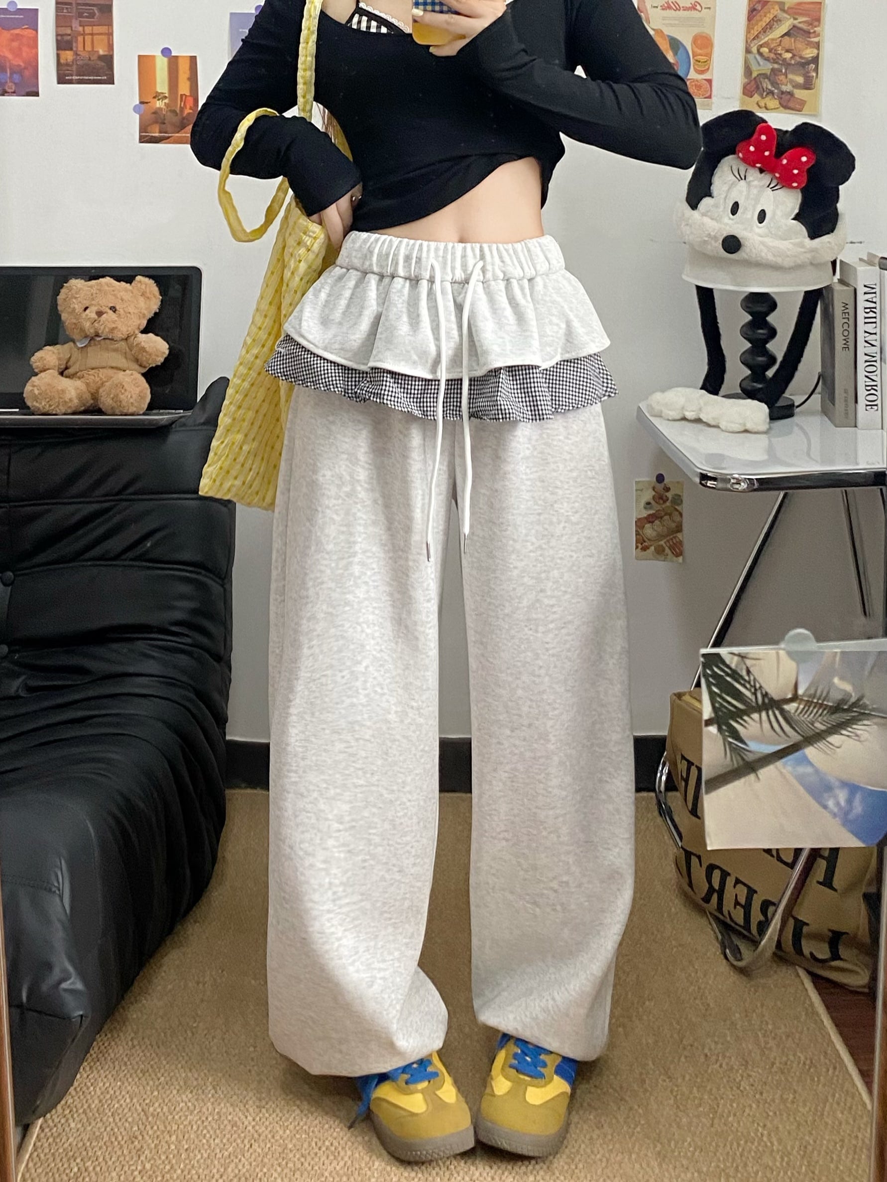 2025春夏 フェイクツーピースパンツ ロング丈 ハイウエストゆったりストレートモップパンツウエストゴム 脚長美脚細見えカジュアル 韓国系ファッションレディースサイドおしゃれ かわいい衣装トラック