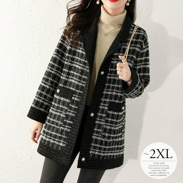 アウター キレカジ ウール ツイードジャケット 大人上品 ブラック オフィススタイル おしゃれ きれいめ ウールコート エレガント 上品 冬 コート ジャケット 大きいサイズ レディース