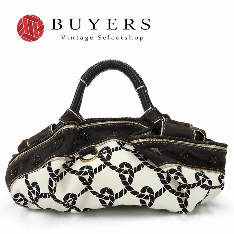 中古 ロエベ LOEWE 2007年限定 ナッパアイレ ロープ ハンドバッグ レディース アナグラム レザー 革 キャンバス HANDBAG ブラウン クリーム スタッズ 【中古】