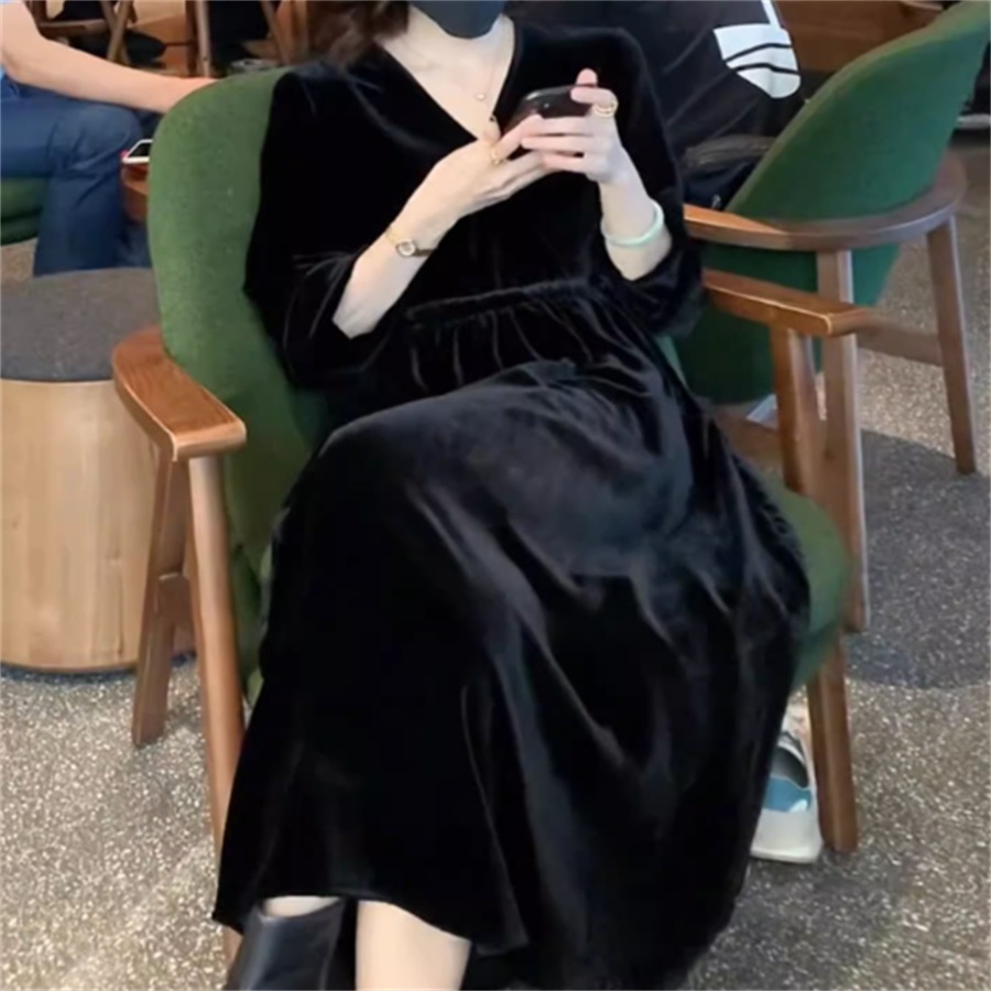 ドレス ロングドレス ワンピース パーティドレス ロング ミモレ 袖あり 長袖 Vネック Aライン フレア ベロア フォーマル 可愛い 大人可愛い きれいめ シンプル カジュアル シック