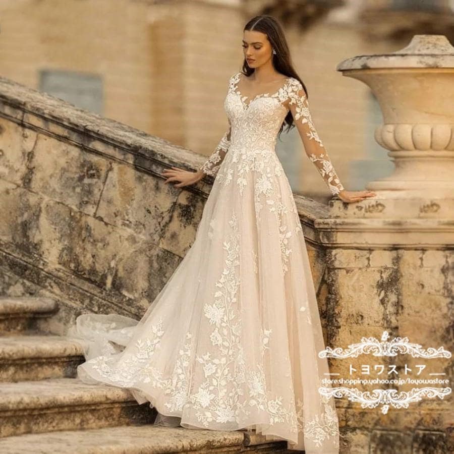 ウエディングドレスAラインドレス安い花嫁海外挙式二次会長袖結婚式レディースロングドレス袖ありレース透かし感撮影秋冬ブライダル