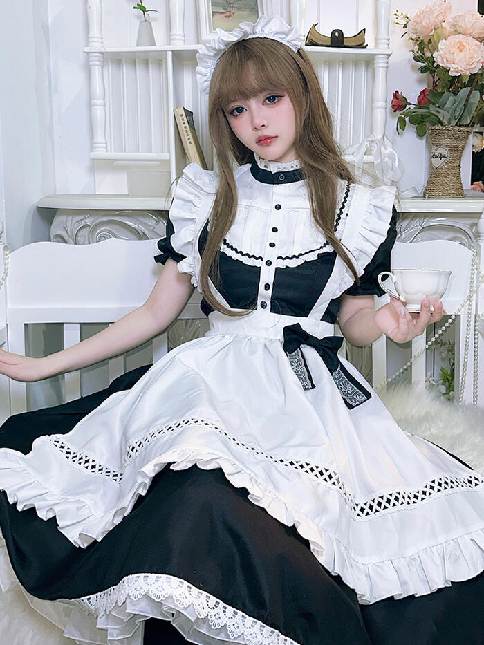 【急速出荷】メイド服 ワンピース 半袖 クラシカル ロング丈 メイド 定番 カチューシャ セット 英国風 ロリータ 大人可愛い エレガント モノトーン エプロン メイド リボン フリル 制服 喫茶店