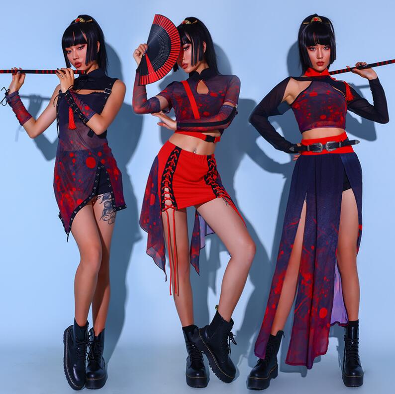 中華風 チーム衣装 ダンス発表会 ミニスカート チアガール 団体服 ジャズダンス衣装 練習着 hippop イベント ヘソ出しトップス ダンス競技 jazz ストリートダンス衣装 ダンスセット ステー
