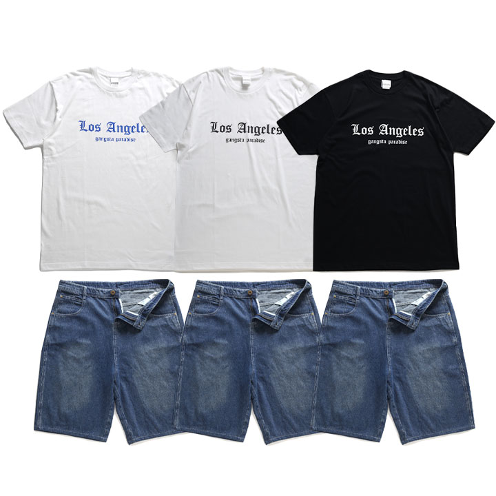 ACE FLAG 上下セット 半袖 Tシャツ デニム ハーフパンツ コーデセット メンズ 春夏用 全3種 大きいサイズ エースフラッグ セットアップ LA ビッグシルエット