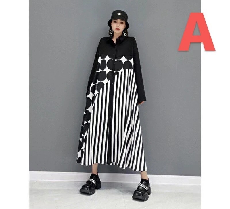 【期間特典】シャツワンピース レディース ワンピース ロング ワンピース ゆったり 大きいサイズ ドット柄 ストライプ柄切替ロングワンピース ロング シャツワンピース ゆるっとワンピース 長袖 春