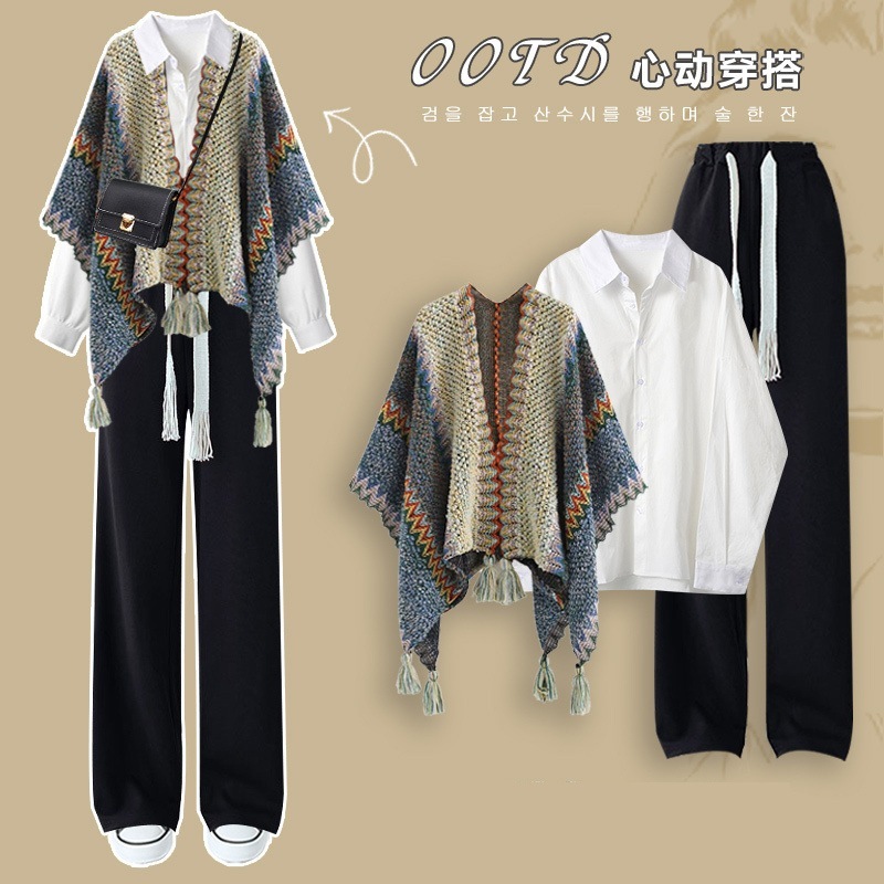 ハイエンドのカスタマイズ-秋冬着用婦人服一式2024新作スリムショールスリムシャツ万能カジュアルパンツ3点セット