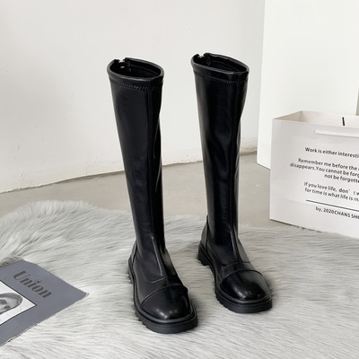 ブーツ ロング ミドルヒール フラット 4cmヒール スクエアトゥ ジッパー 革 PU 薄手 ラバーソール 布 きれいめ シンプル 上品 お洒落 きちんと感 クール 存在感 無地 冬 誕生日 個性的