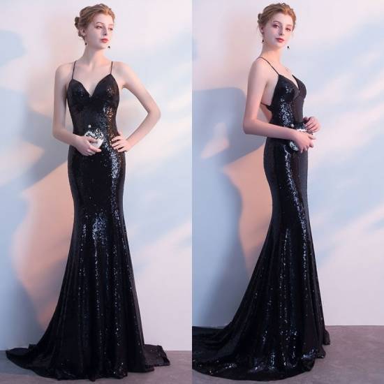 人気新品パーティードレス ロング丈 ロングドレス 黒 マーメイド スパンコール キラキラ タイト セクシー 背中見せ バックシャン 大きいサイズ XL 結婚式 二次会 お呼ばれ 演奏会 舞台 衣装 ド 6,313円