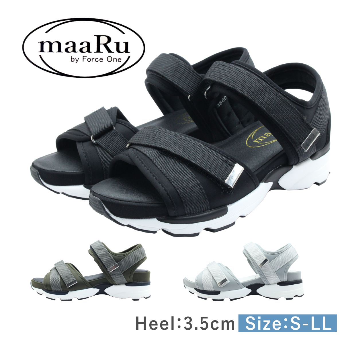 maaRu マアル レディース サンダル 3600 ストラップ マジックテープ スポーツ スポーティ 履きやすい 厚底 靴 黒 白 ブラック ホワイト カーキ