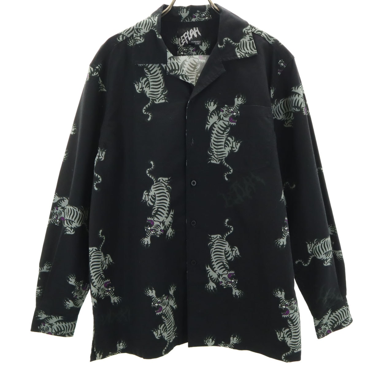 LEFLAH レフラー 虎柄 長袖 オープンカラーシャツ M 黒系 メンズ 古着