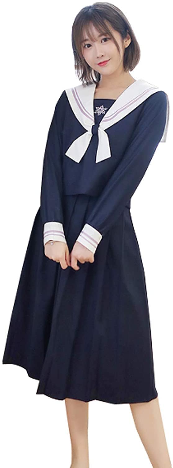 セーラー服長袖半袖绀色二本線JK制服日常服コスプレ 3点セット靴下付属大きいサイズS, 長袖＋ロン