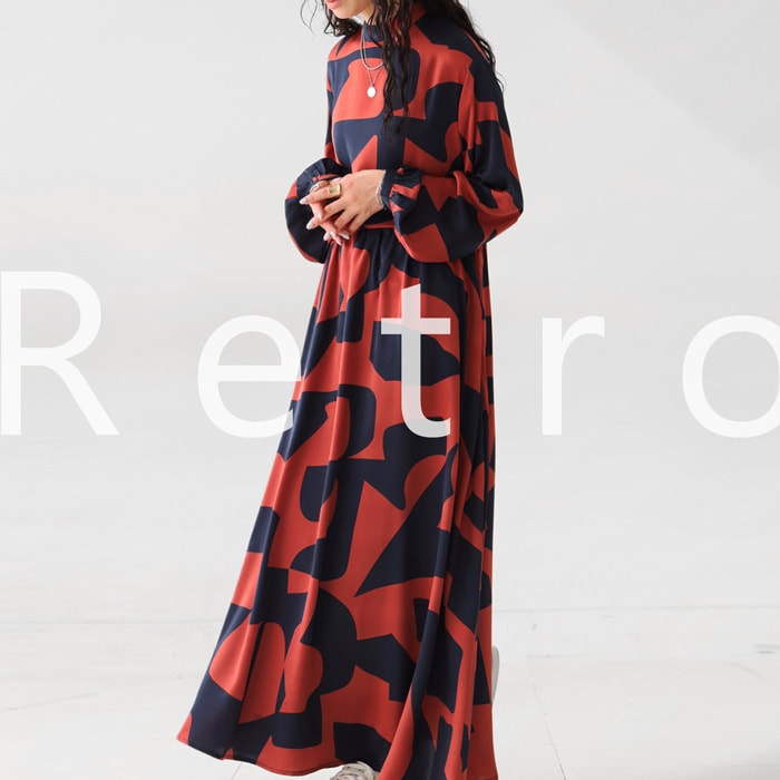 レトロ柄 ワンピース レディース ロング 長袖 ・メール便不可
