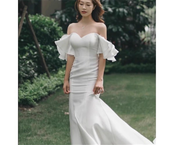 レディース ドレス ブラックドレス ウェディング パーティー 結婚式 二次会 披露宴 ロング マキシ オフショル マーメイド スリム 細身 フィッシュテール ファスナー サテン きれいめ シンプル