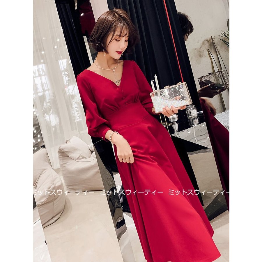 Ａラインドレス 赤 ロングドレス カクテルドレス 演奏会 カラードレス 披露宴 イブニングドレス 二