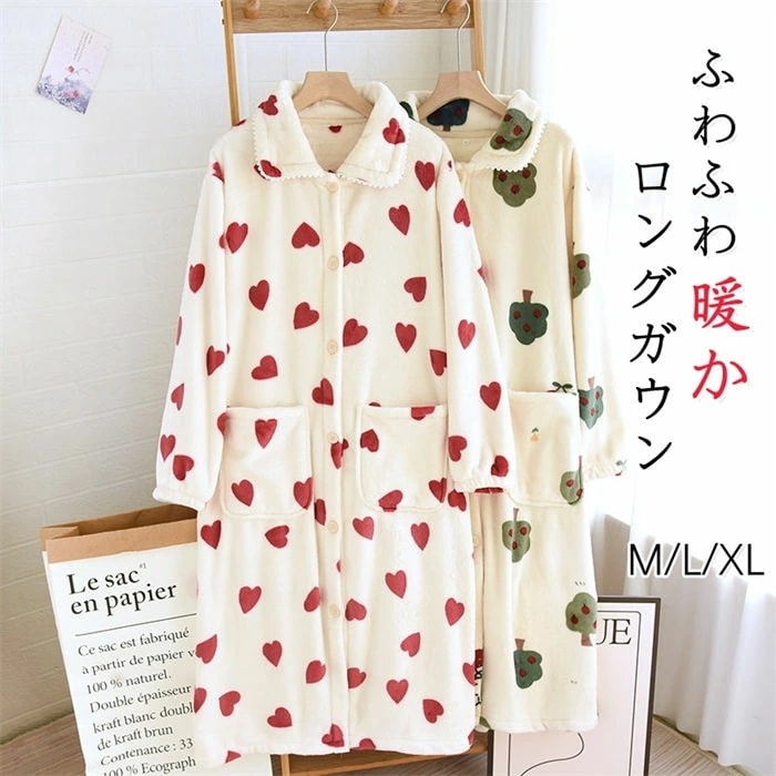 大きいサイズ パジャマ ナイトガウン ナイトウェア レディース 羽織り もこもこ ガウン 可愛い ネグリジェ 冬 バスローブ 前 ふわふわ ロング ルームウエア 厚手 部屋着 あったか 着る毛布 総柄