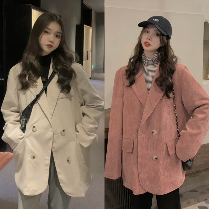 2色 アウター ジャケット レディース 春 秋 アプリコット ホワイト 白 ピンク 襟付き ボタン ダブルブレスト ポケット ミディアム丈 長袖 かわいい 大人可愛い シンプル カジュアル ルーズ お